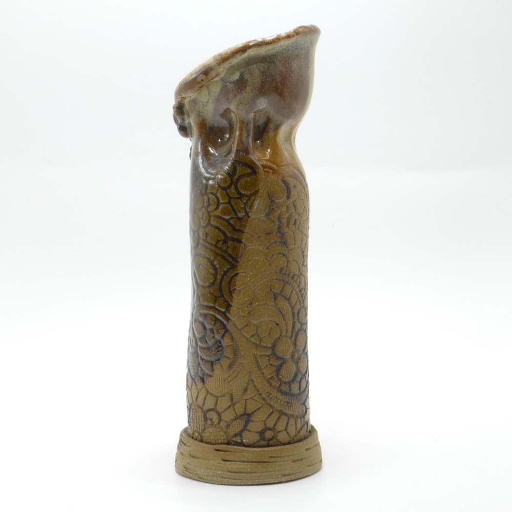 Studio‎ Pottery Lace Impressed Vase 6.5" Brown Tan Vintage 1987 Signed Art